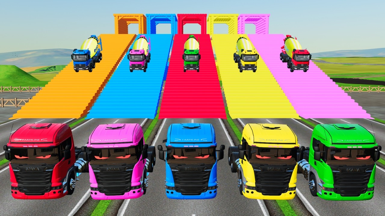 Transporting Colorful Mixer Trucks & Double Flatbed Trailers on Dangerous Terrain FS22 #84