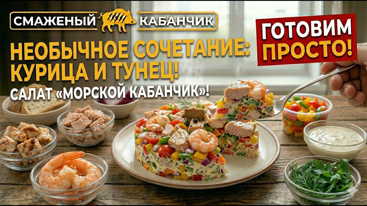 Салат «Морской Кабанчик»: Необычное сочетание курицы и тунца. Гости будут в шоке!🥗