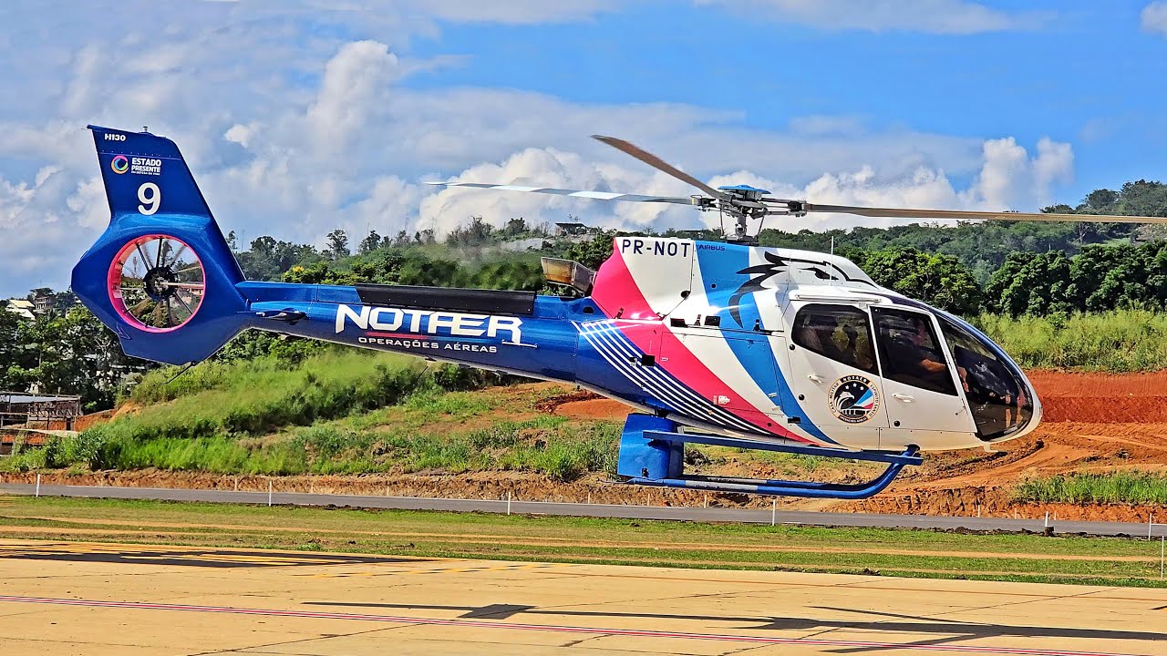 4K Helicóptero Airbus H130 T2 do NOTAER Pouso e Decolagem