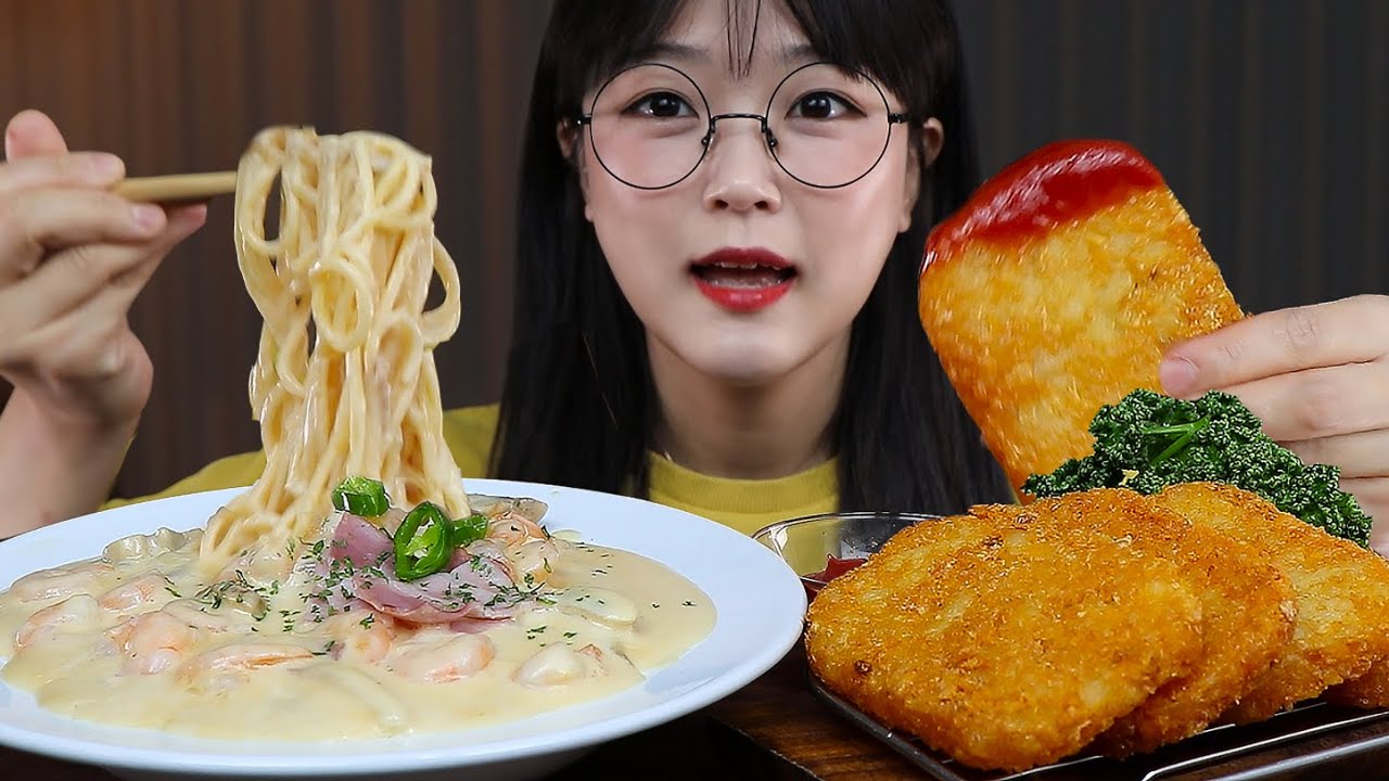 АСМР ЕДА Сливочная паста и Хашбраун | MUKBANG | EATING SHOW