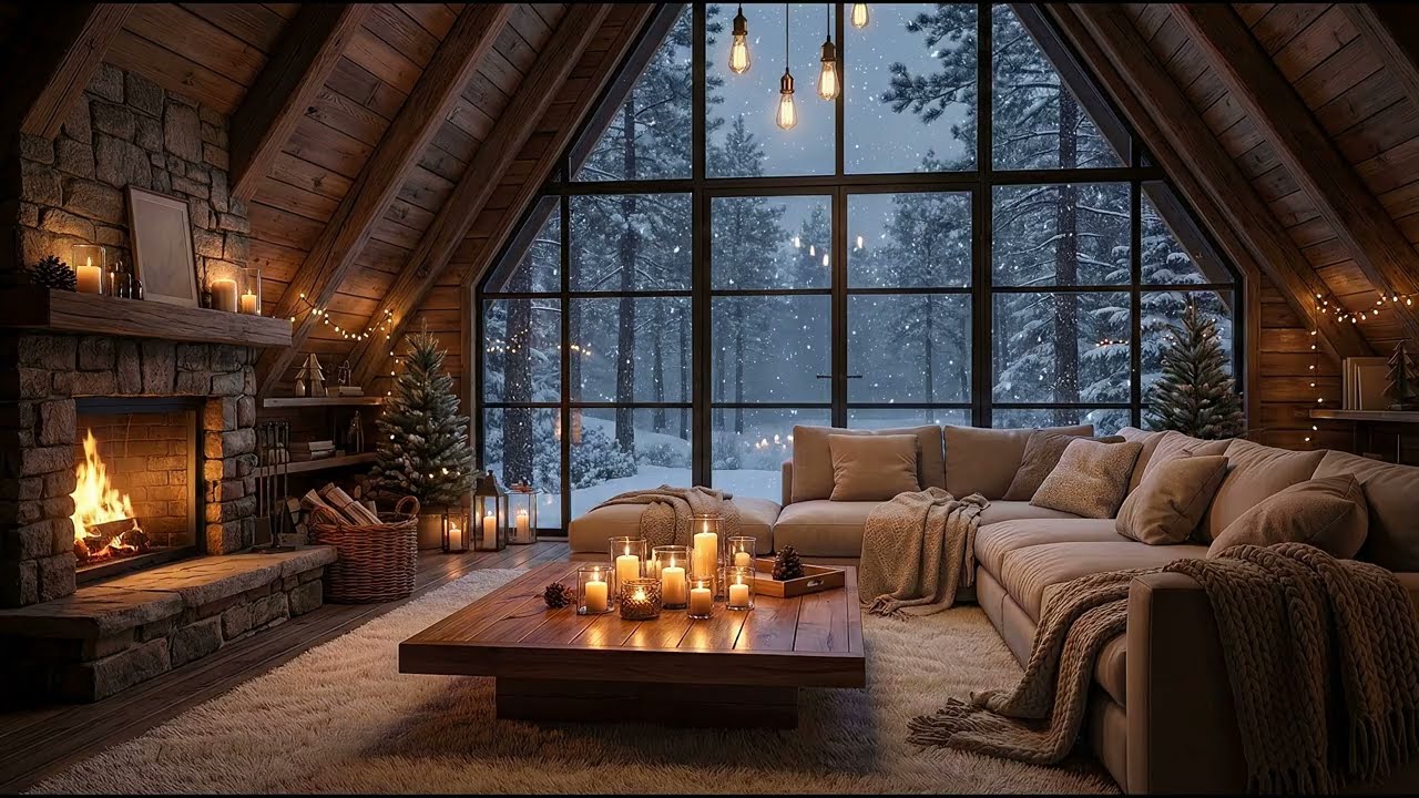 Warm Winter Night in a Forest Cabin ❄️| Falling Snow & Cozy Fireplace Ambience for Sleep