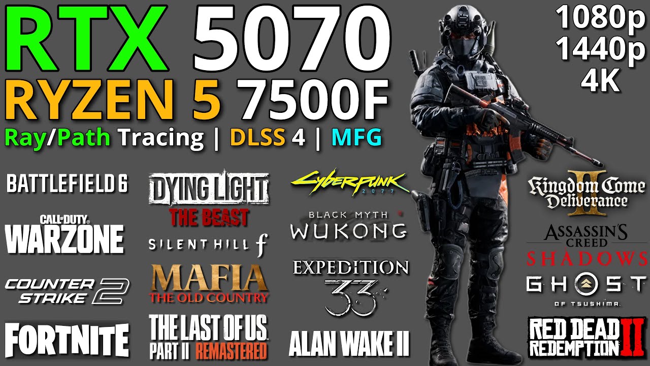 RTX 5070 + Ryzen 5 7500F | Тестирование в 20 играх | Трассировка лучей/путей + DLSS 4 + MFG | 108...
