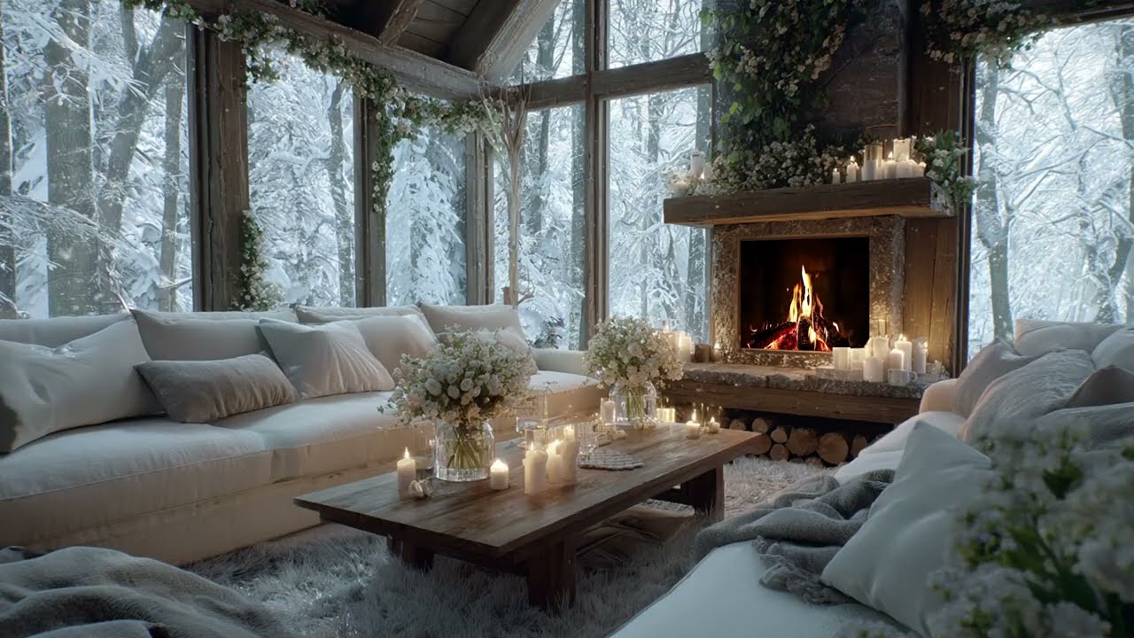 Winter Study Ambience: Relaxing Piano Music in a Snowy Cabin with Warm Fireplace Sounds