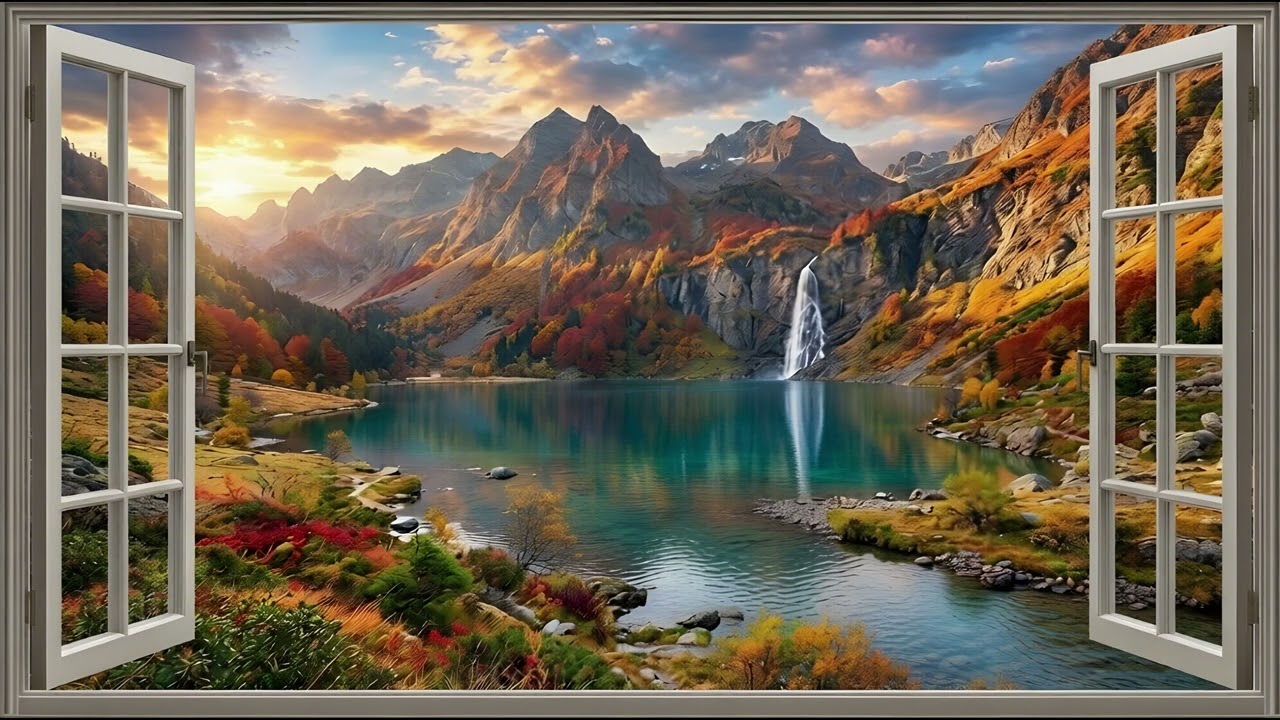 Windows View Mountain Paradise 🍂 Relaxing Autumn Lake at Sunset