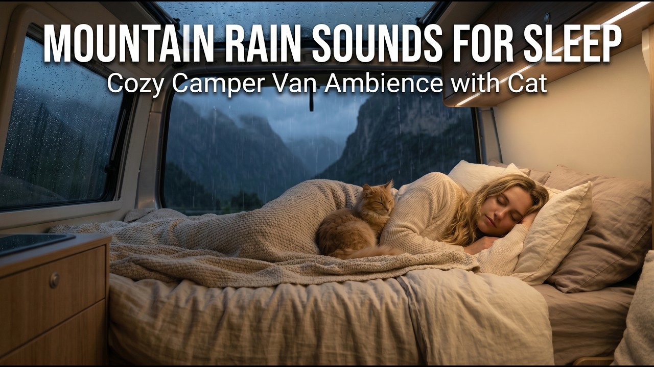 Mountain Rain Sounds for Sleep | Cozy Camper Van Ambience with Cat