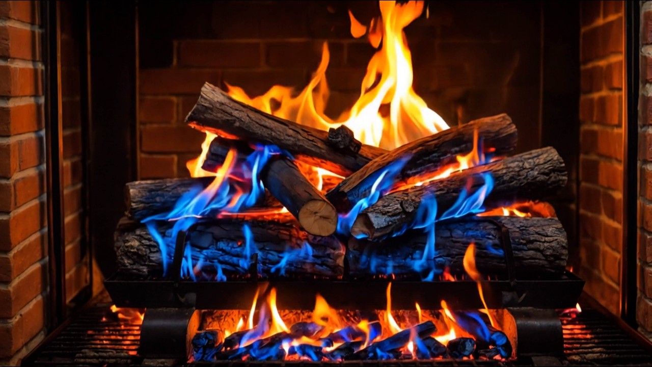 ❄️ Enjoy a Color-Changing Fireplace with Blue and Orange Flames Against a Brick Wall