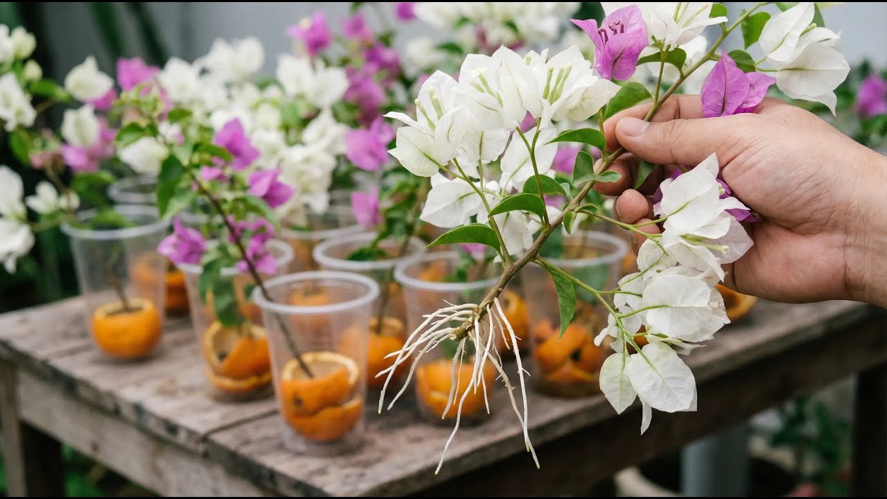 Using orange peels to propagate bougainvillea – A cost-effective method.