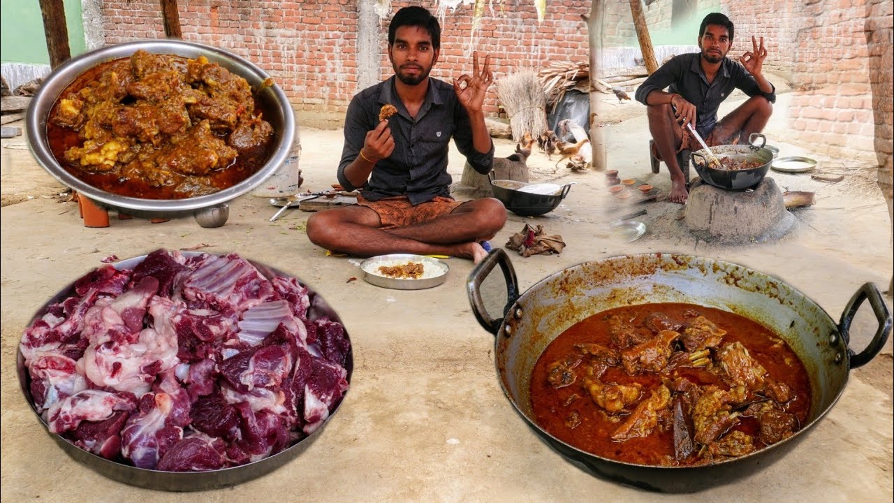 Bihari style mutton curry recipe cooking and eating in village | mutton masala/ goat meat recipe