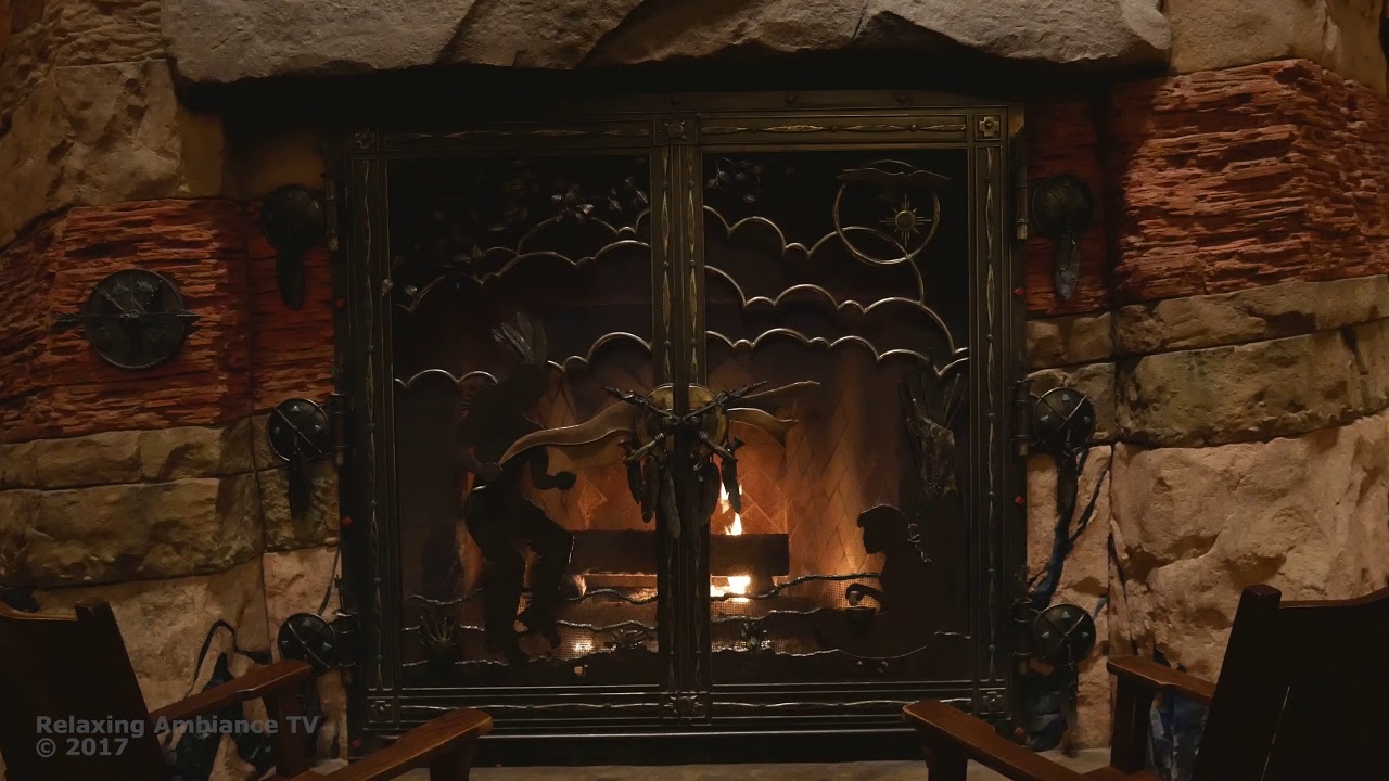 Disneys Wilderness lodge fireplace - with music 4k 1 hour