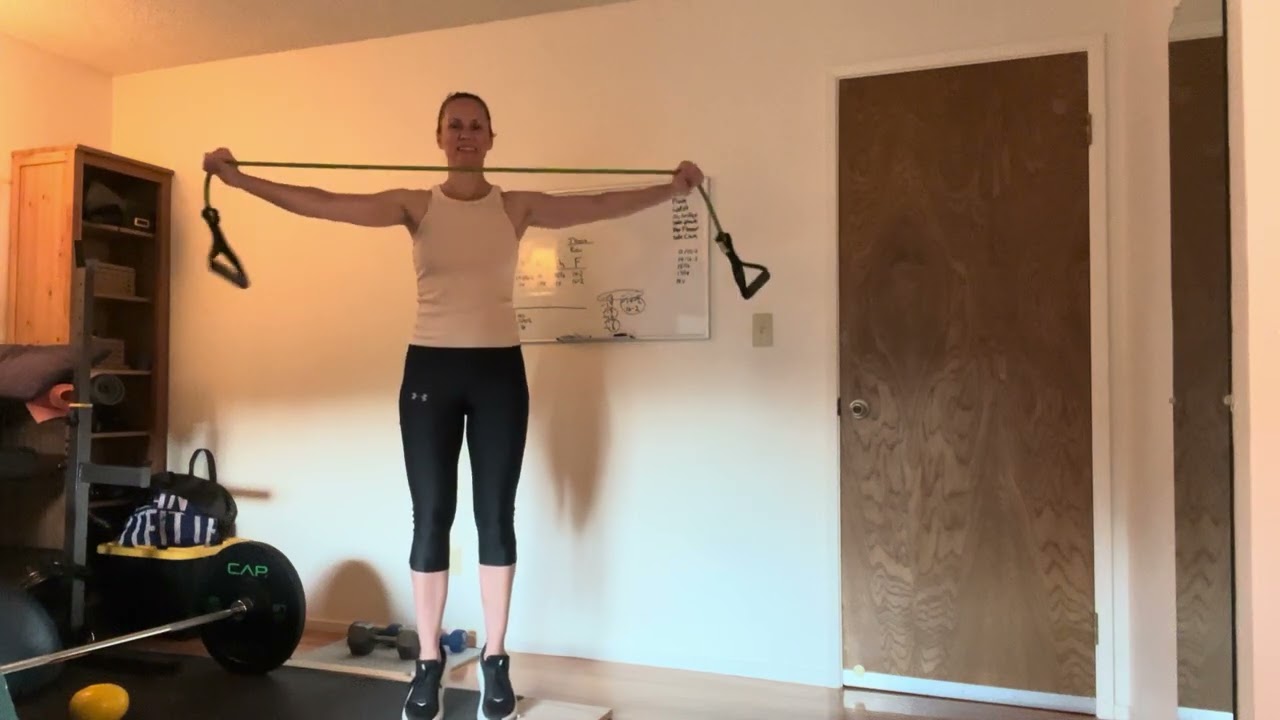 Total body standing with resistance band and water bottles if you have them￼
