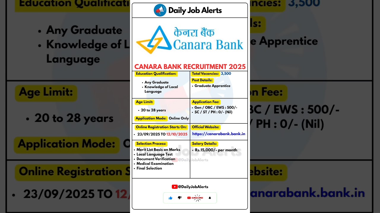 Canara Bank Recruitment 2025 | New Vacancy 2025 | Daily Job Alerts #shorts