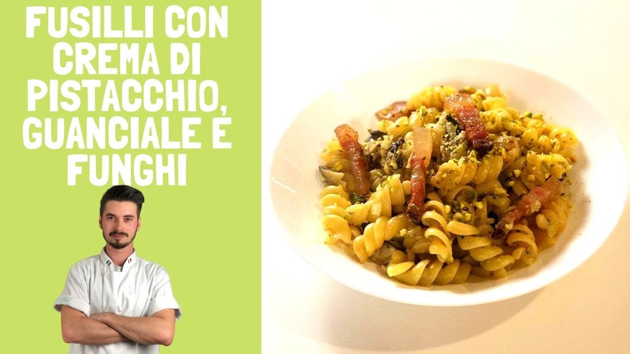 Fusilli con crema di pistacchio, guanciale e funghi