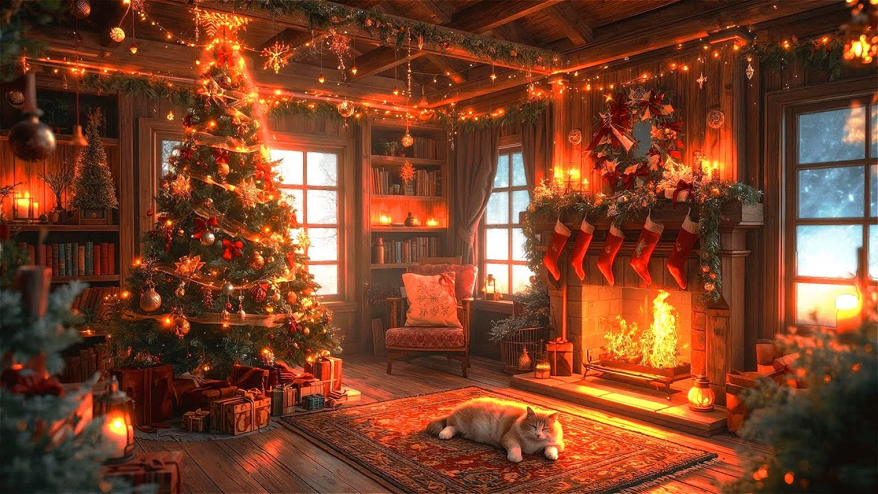 Whimsical Christmas Shelter | Warm Enchanted Fireplace Sounds & Orange Cat at Snowy Winter Ambience