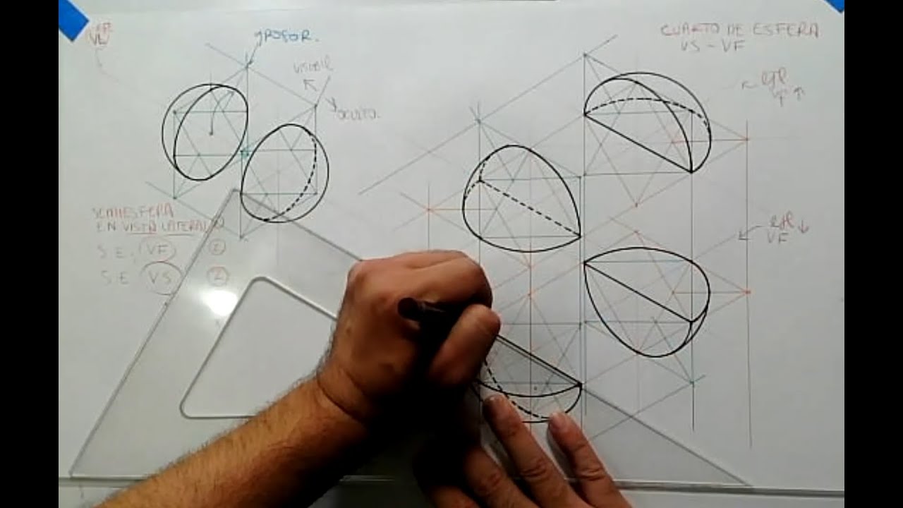 Dibujo técnico, Lección 5: Sólidos de revolución, secciones isométricas de esfera (2, 4 y 8 partes)