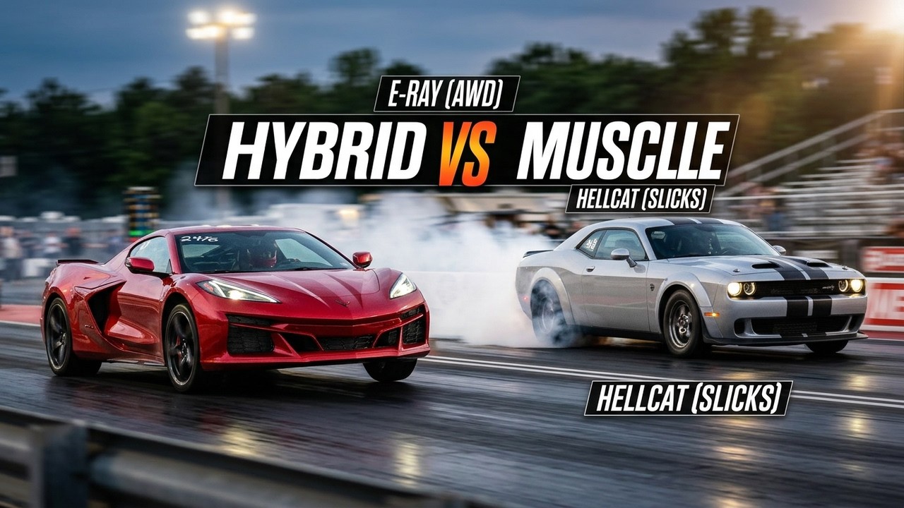 E-Ray Corvette (Stock Tires) vs. Hellcat (Slicks): The Ultimate Quarter-Mile Race!