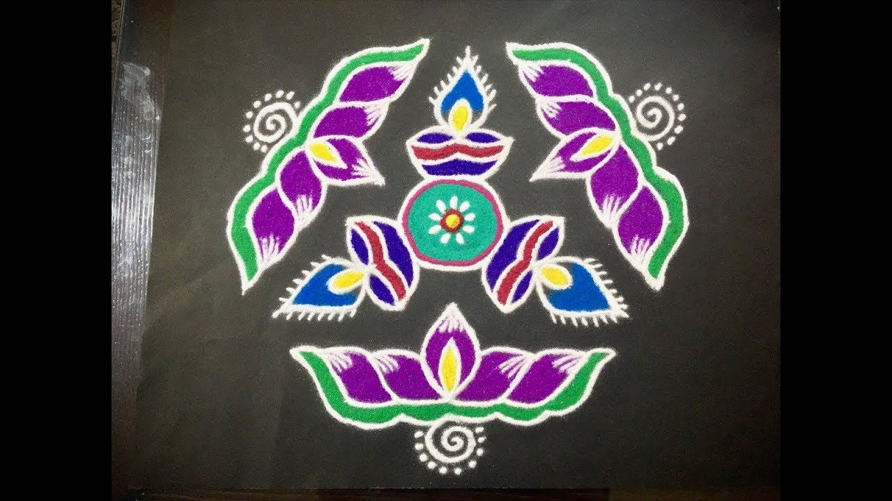 Simple Lotus Flower & Deepa Rangoli Design with Colours & Dots 9x5 for Beginners And Festivals