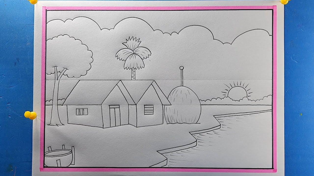 Beautiful Village Scenery Drawings | Easy Drawing With Pencil Only