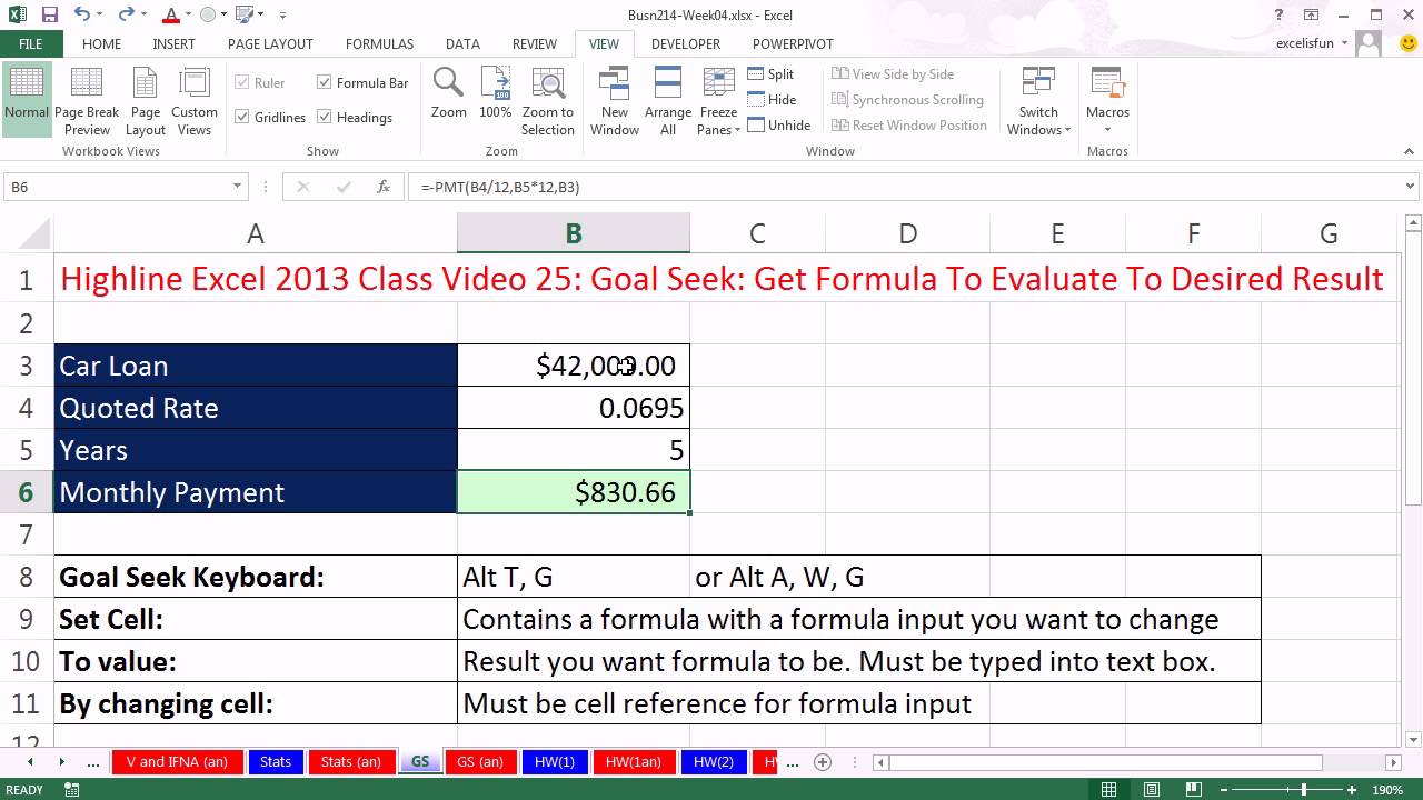 Highline Excel 2013 Class Video 25: Goal Seek: Get Formula To Evaluate To Desired Result