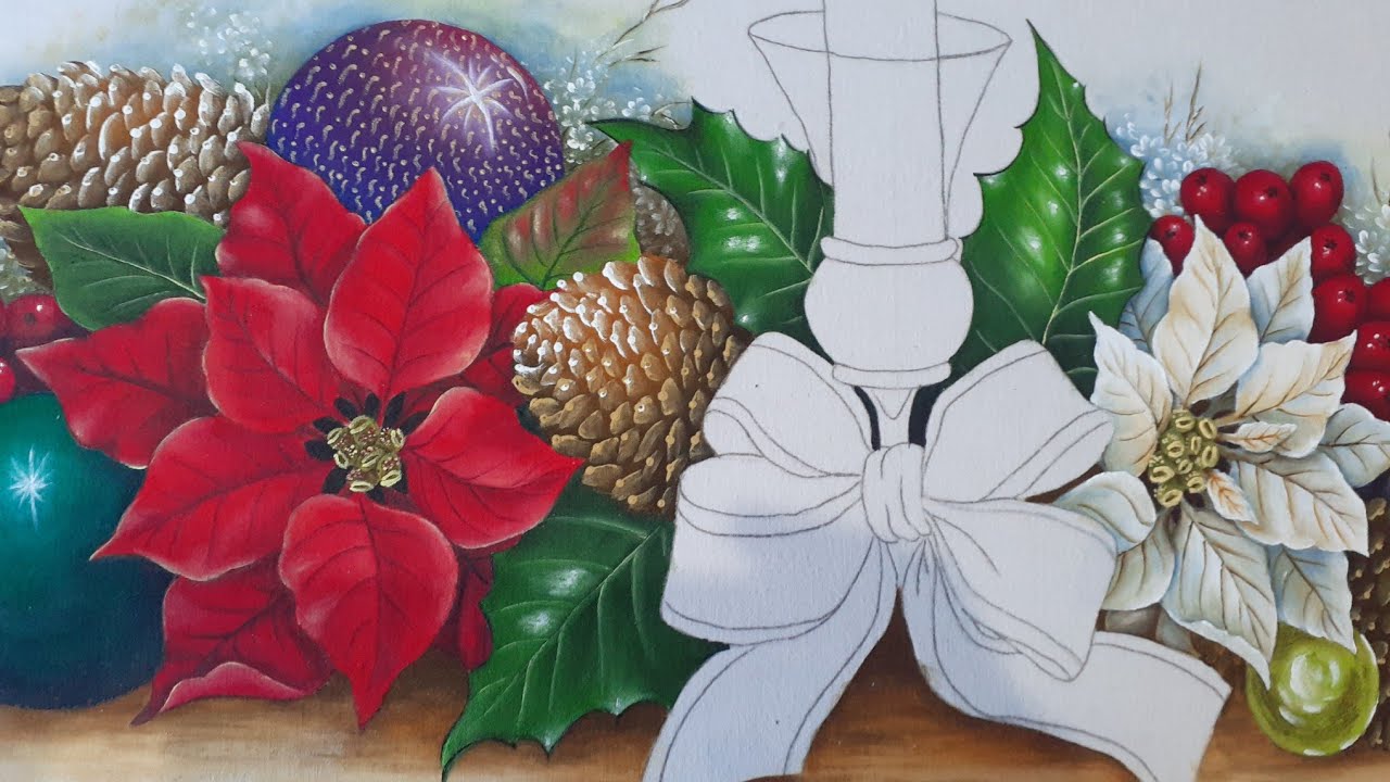 Pintura em tecido de bolas natalinas e poinsettia vermelha e branca