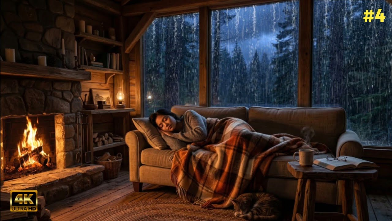 Heavy Rain On Cabin Window For Deep Sleep | Cozy Forrest Night (No Ads) 🌙⛈️