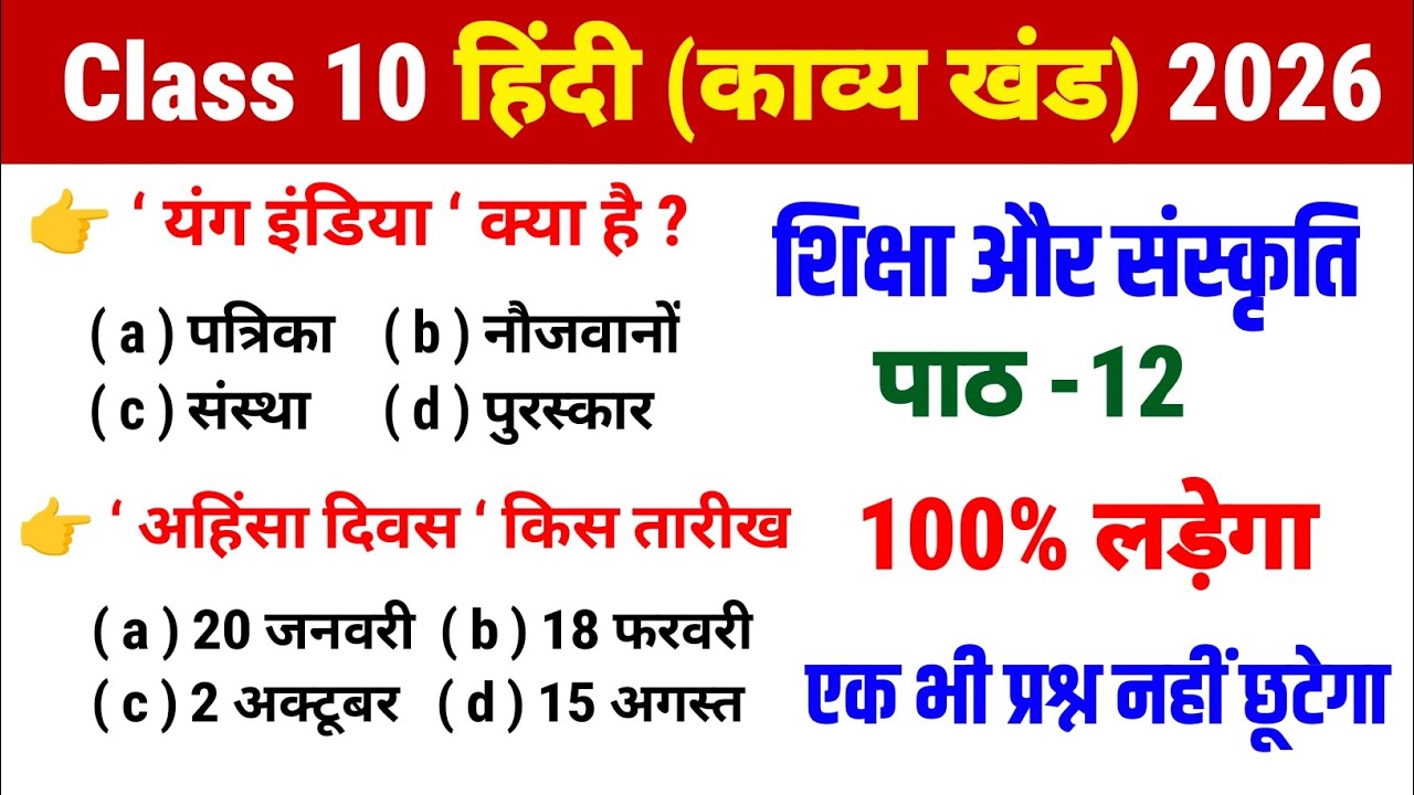 शिक्षा और संस्कृति Hindi ka Viarl Objective Question ❓ 10th Class बिहार बोर्ड ll पाठ -12 Hindi ll