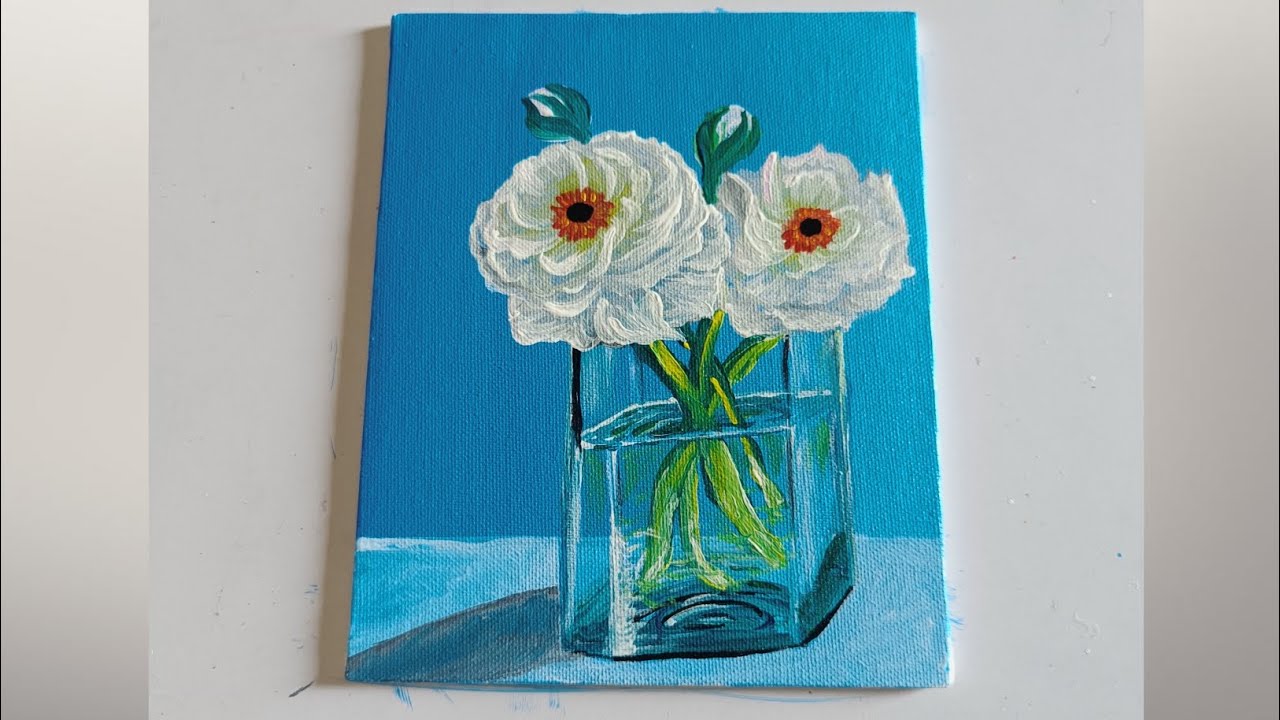 How to paint white flowers in a transparent glass vase /acrylic painting 
