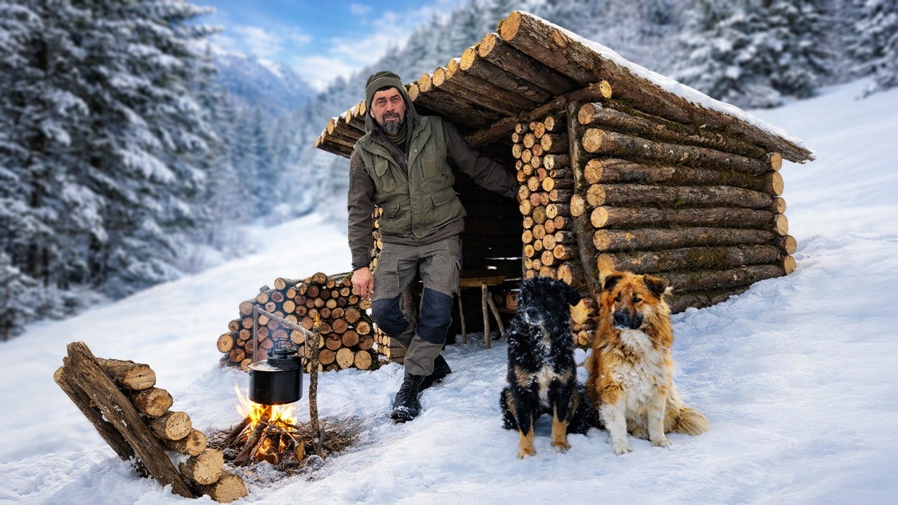 Building a Log Shelter in Snow and Cooking Over Fire | Survival Alone
