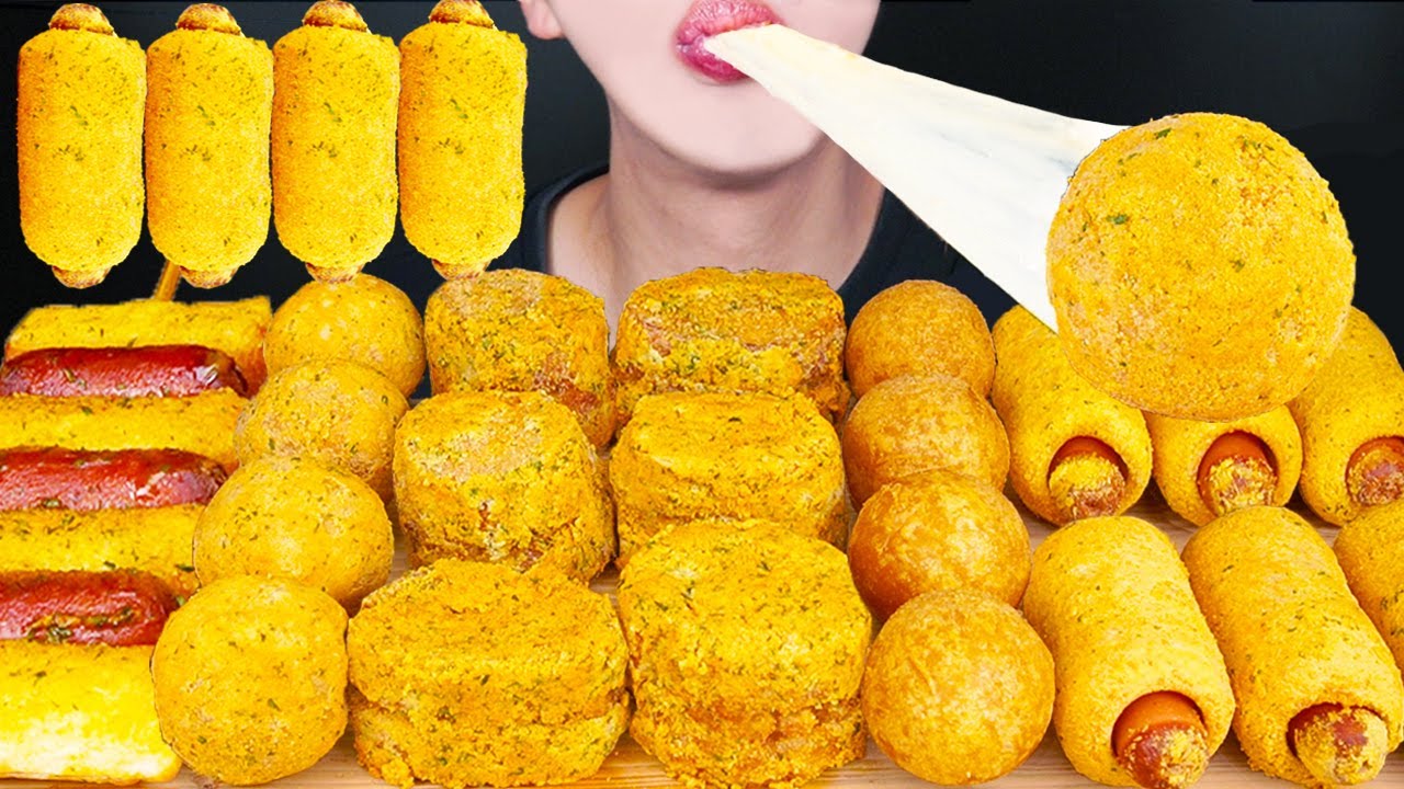 ASMR SAUSAGE MENBOSHA CHEESE BALLS CORN DOG FIRE SAUCE MUKBANG 뿌링클 멘보샤 치즈볼 먹방 メンボシャ 咀嚼音EATING SOUNDS