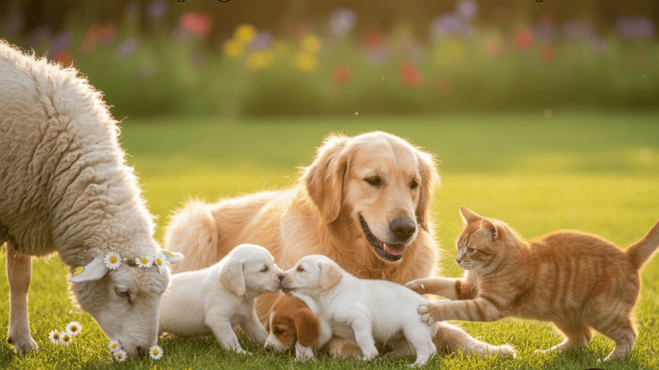 🐶💖 Adorable Puppies Playing with Their Mother, a Sheep, and a Cat in the Green Grass | Natural Dog