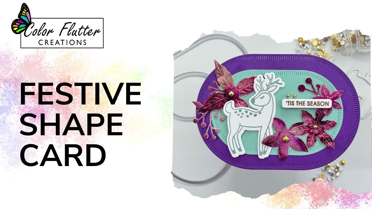 Elegant Holiday Shape Card | Ink Embossed Reindeer & Alcohol Ink Poinsettias