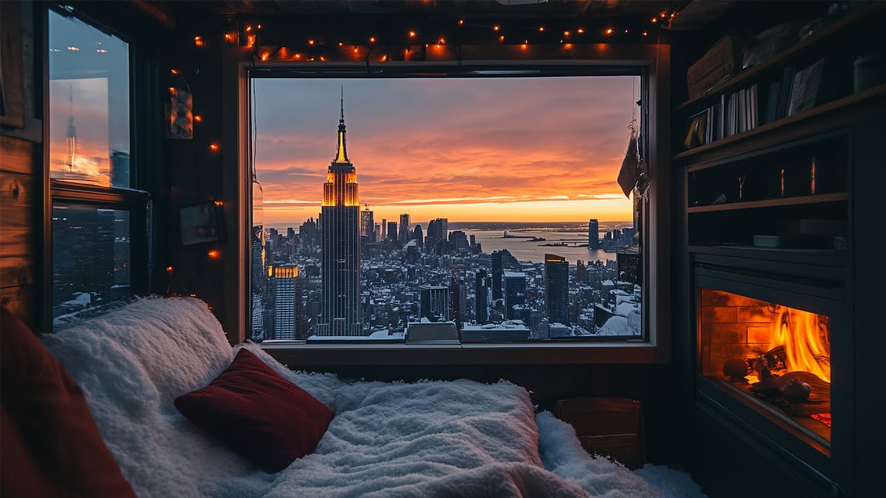 Relax From A Cozy Winter Nook In New York City❄️Snowfall Winter Ambience & Crackling Fireplace