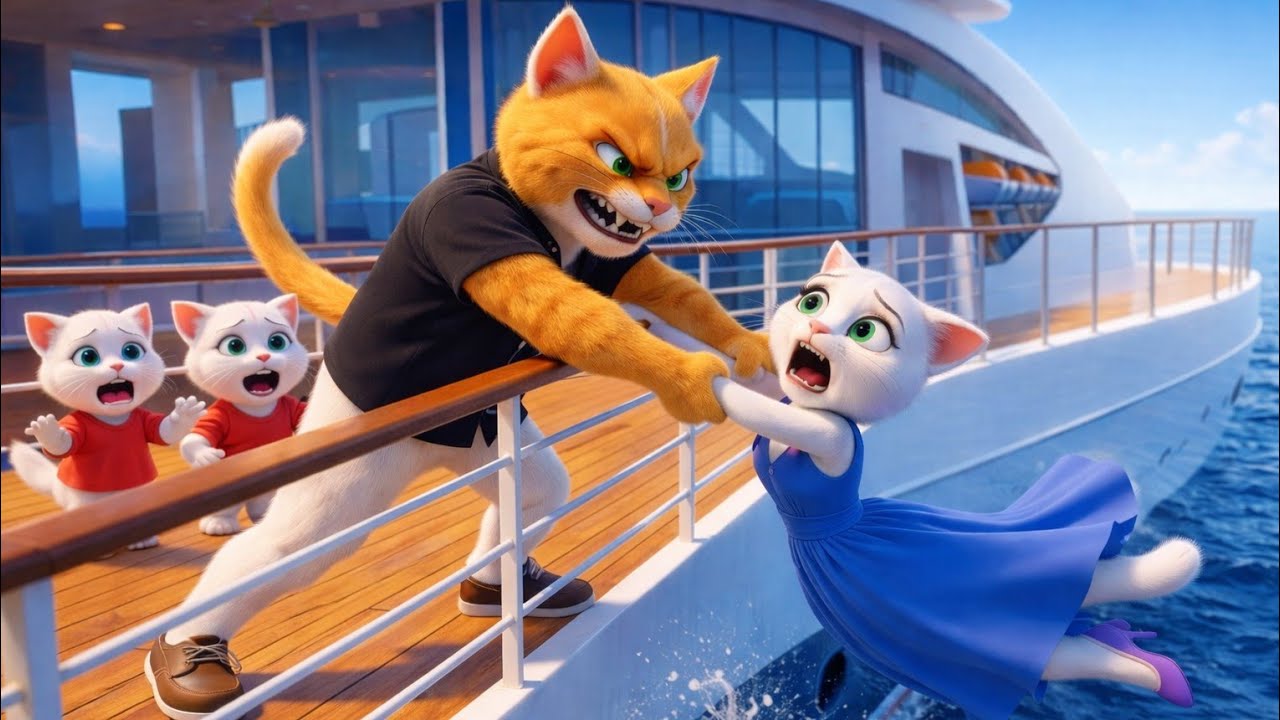 “The villain cat throws Mama Cat toward the ocean 🌊A mother falls, while fear freezes the world 😨🐱”