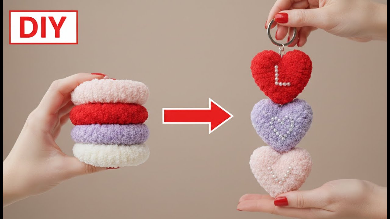 ❤️‍🔥 Cute Valentine Heart keychain Gift made from Hair Rubber |Very easy Valentine Gift Craft 💞