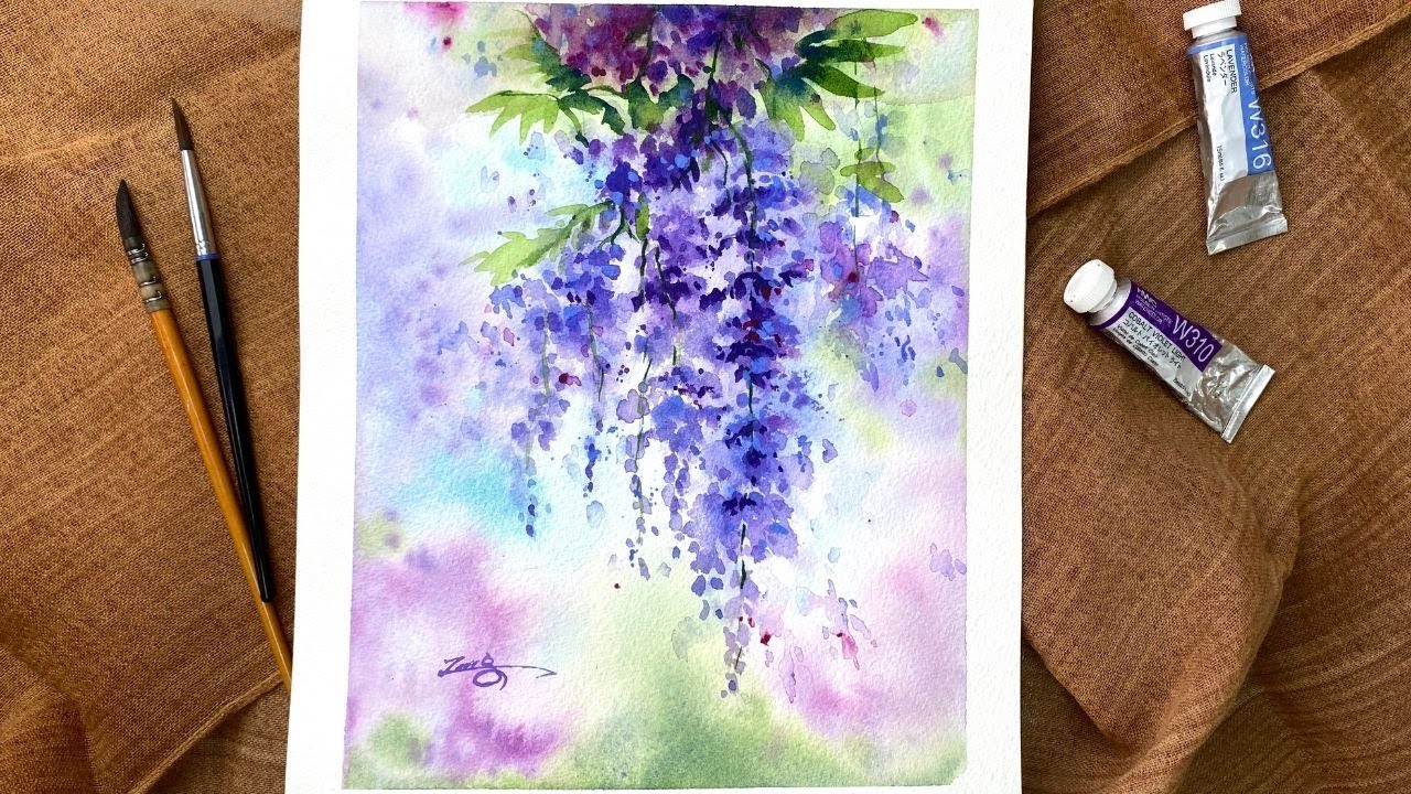 Watercolor Painting Flowers - Wisteria- Tutorial Step by Step