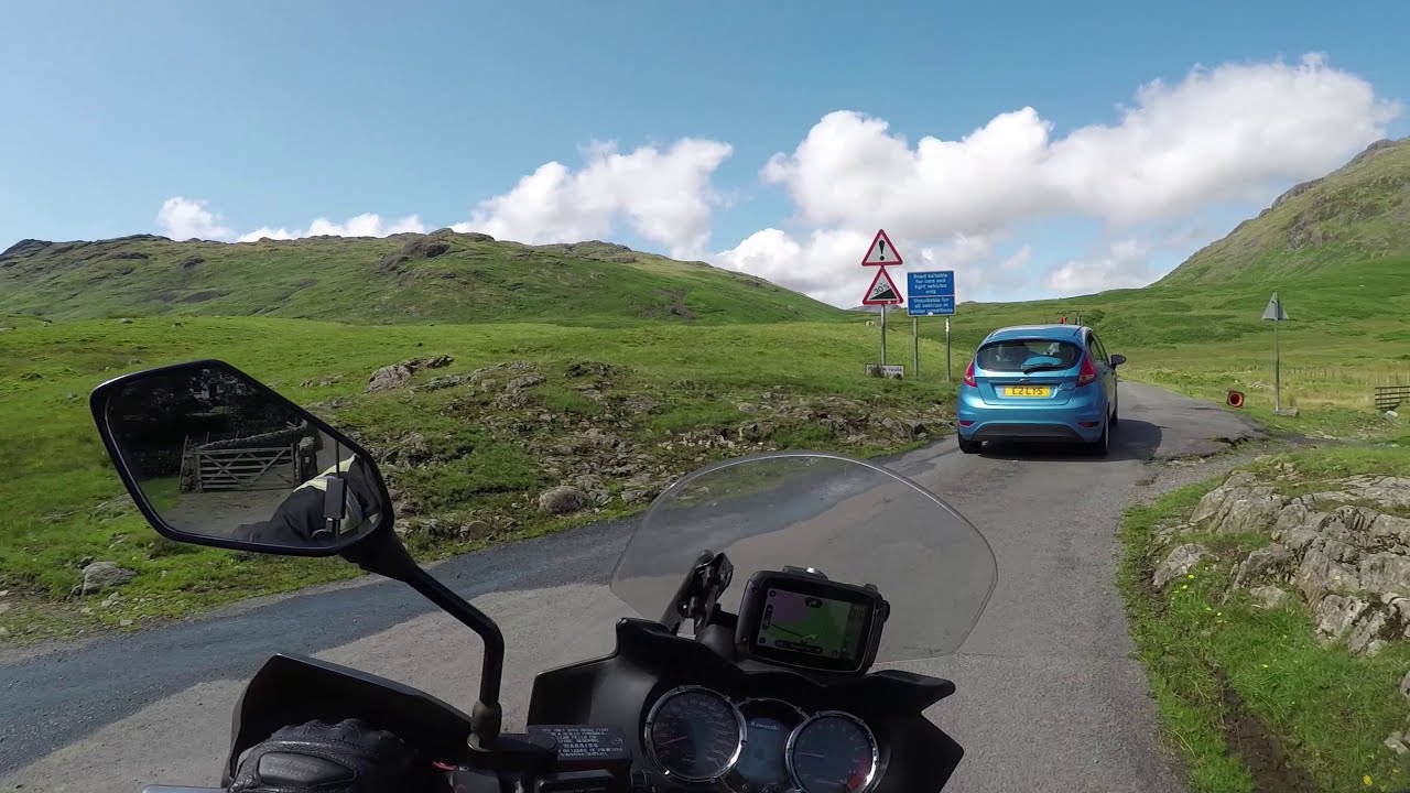Wrynose and Hardknott Pass climbing on Kawasaki KLV1000 - steepest roads in UK
