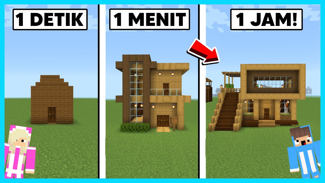 MIPAN & ZUZUZU Buat Rumah Hanya Dari Kayu 1 Detik Vs 1 Menit Vs 1 Jam! - Minecraft