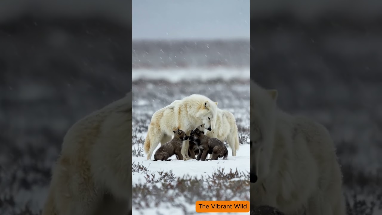 Frozen Guardians: Arctic Wolves Shielding Pups in a Blizzard 