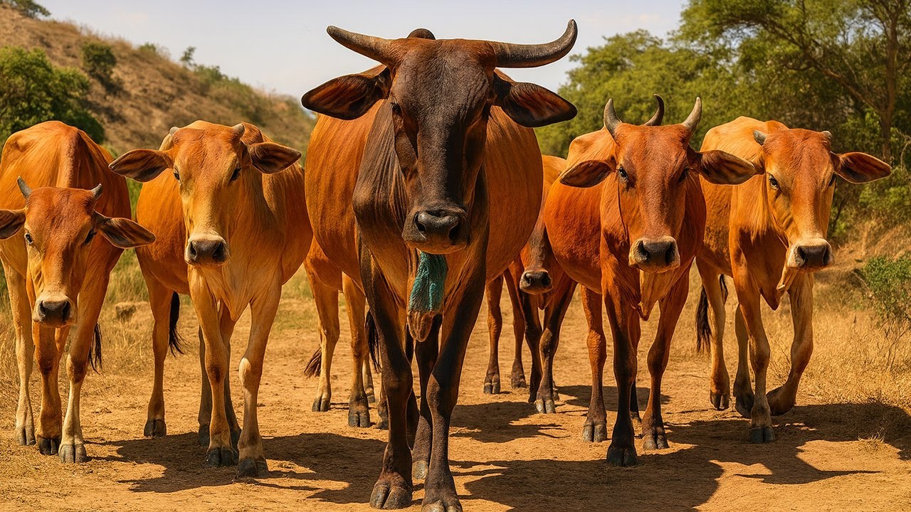 Puluhan Sapi Lembu Jinak Berjalan Rapi Berlari gerombolan Di Jalan Krikil Sawah Menuju Kandang Moo