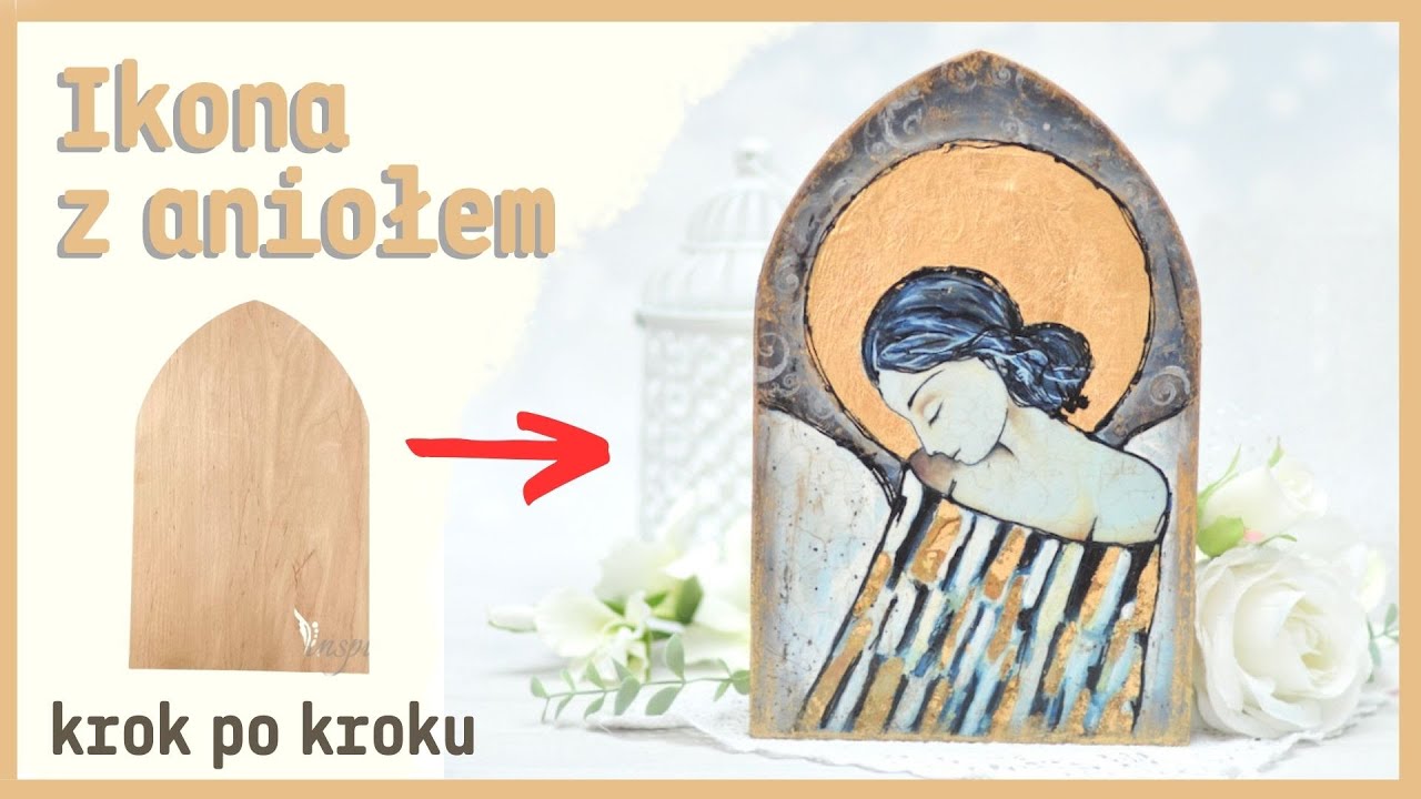 Ikona decoupage z aniołem ZŁOCENIA i SPĘKANIA krok po kroku No. 932