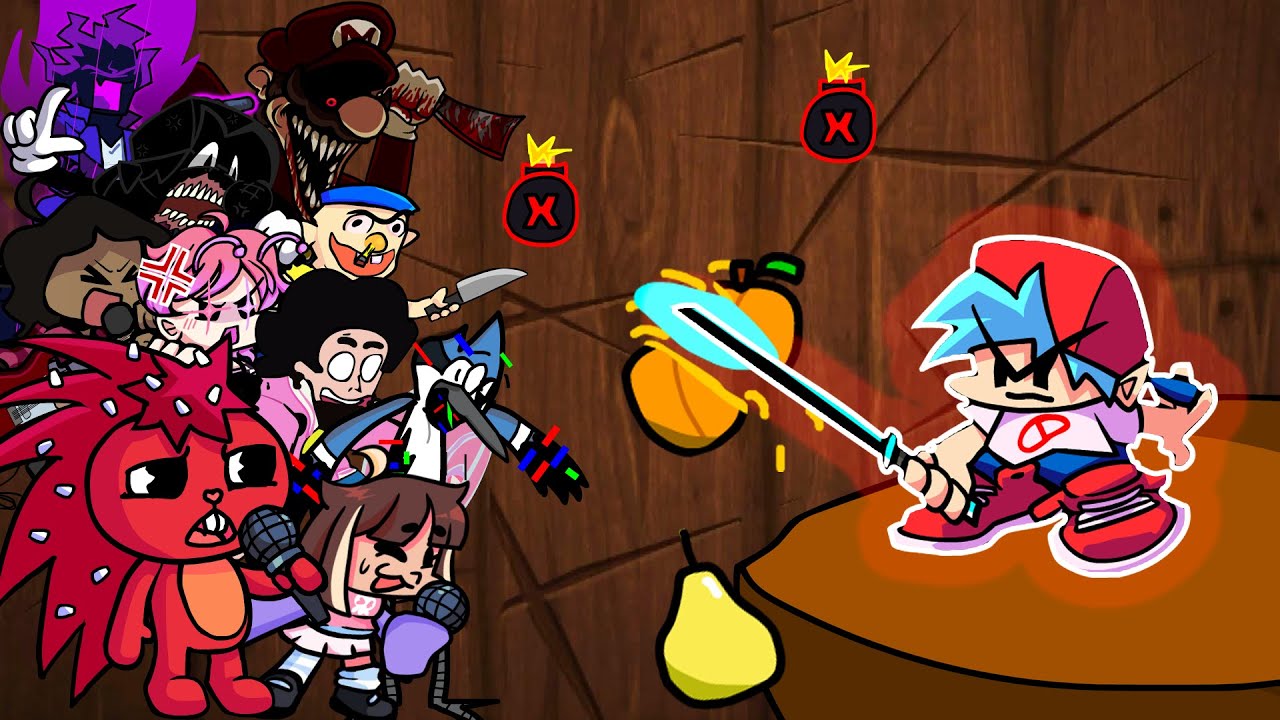 FNF Bombastic(VS Fruit Ninja)But Different Characters Sing It🎵 Everyone(Slicing Fruit & Watermelon!)