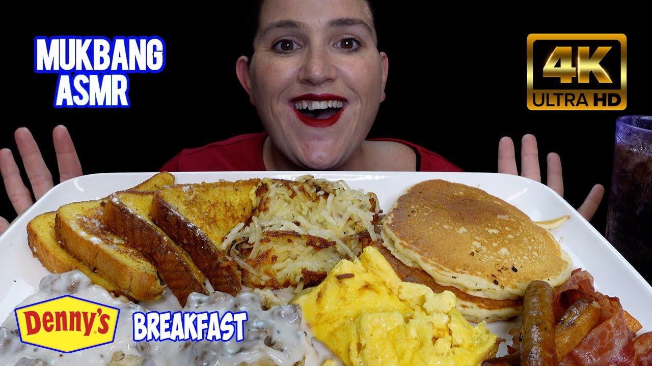 [ASMR MUKBANG] DENNY'S BREAKFAST | PANCAKES, EGGS, HASH BROWNS, BACON, SAUSAGE, FRENCH TOAST