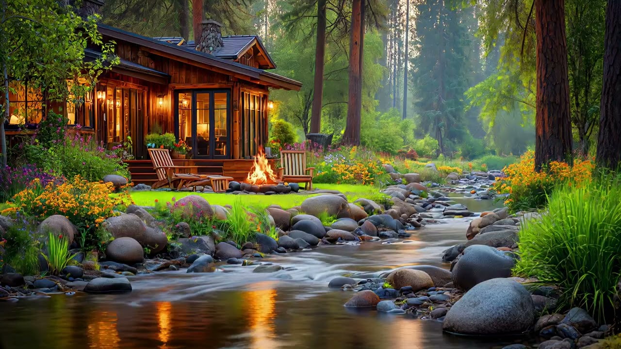 Real Forest Stream sounds & Cabin Ambience at Sunset | Sleep & Relax | 4K