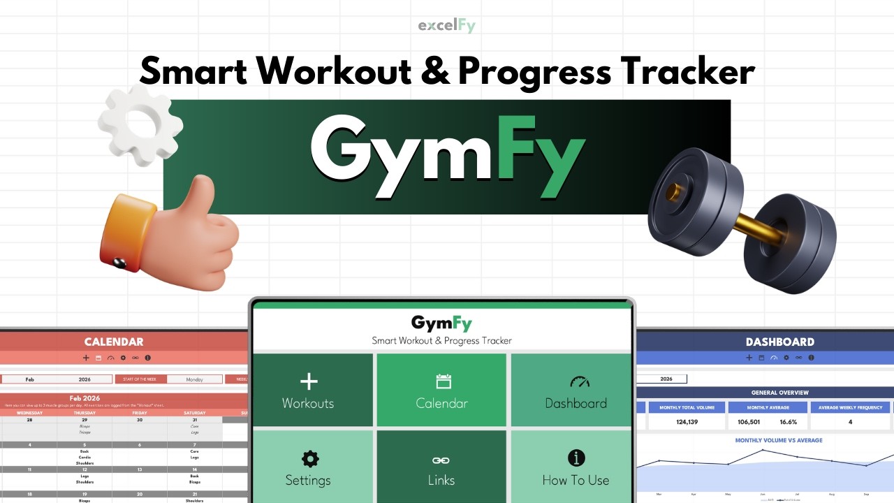 Professional Excel Workout Tracker 2026 | Track Strength, Volume & 1RM with GymFy
