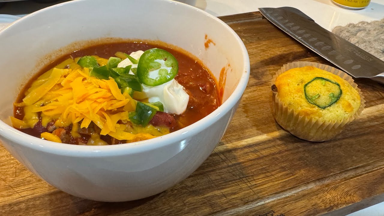 Steak chili and green chili and cheese corn muffins ￼ round two