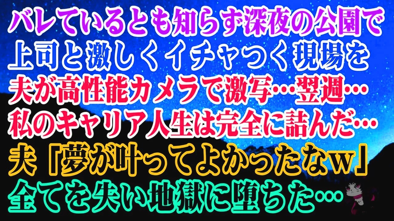【離婚】バレているとも知らず深夜の公園で上司と激しくイチャつく現場を夫が高性能カメラで激写…人事部宛に届いた封筒で私のキャリア人生は詰んむ…夫「夢が叶ってよかったなｗ」全てを失い地獄に堕ちた【シタ妻】
