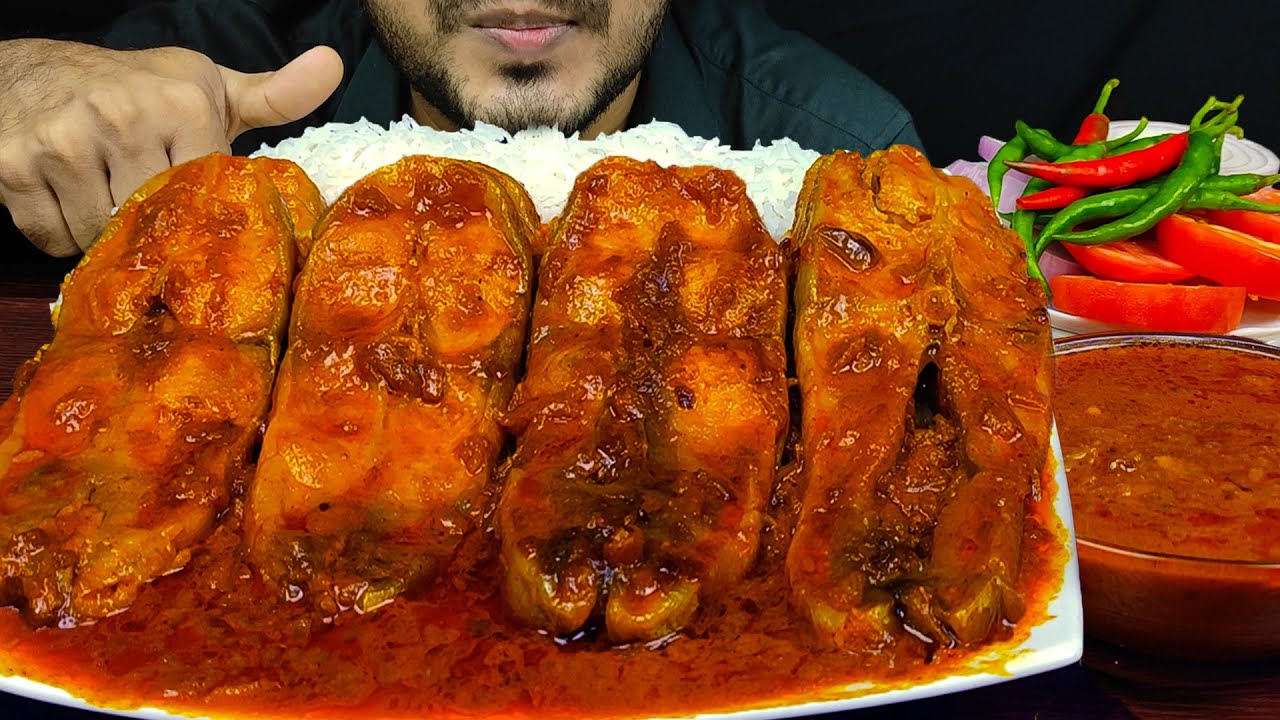 EATING FISH CURRY, CHILI, ONION, TOMATO AND RICE | FOOD EATING VIDEOS | EATING SOUNDS