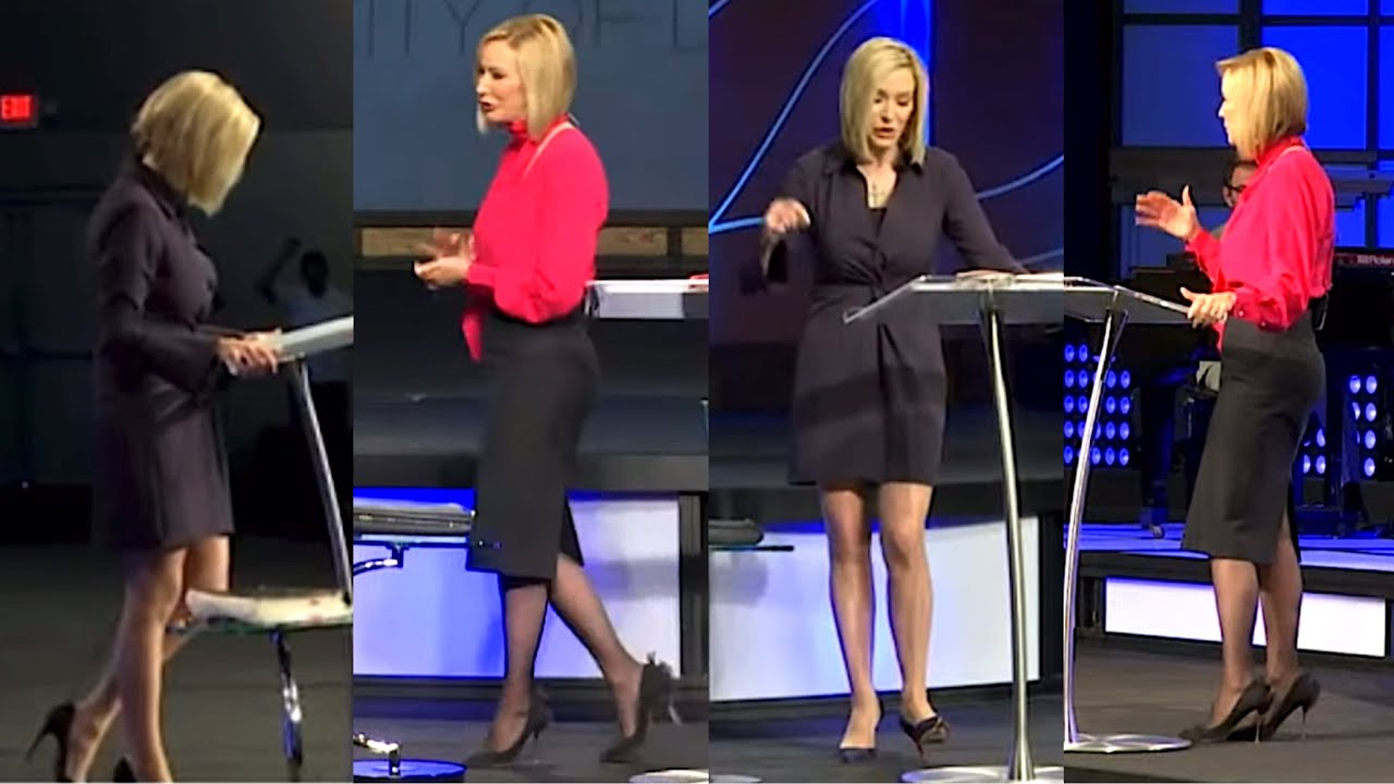 Paula White Cain: high heels, legs and short skirt