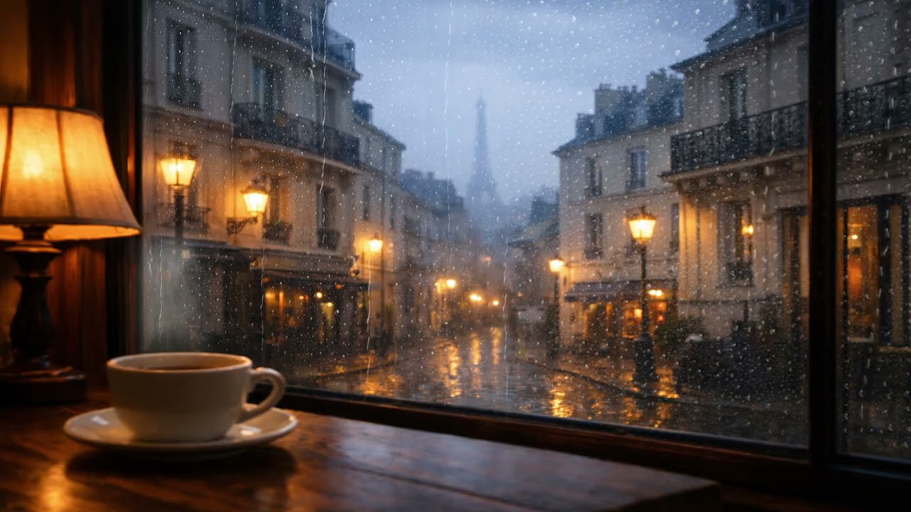 Rainy Afternoon in Paris Café ☕ | 1 Hour Montmartre Jazz Piano & Cozy Rain Ambience (4K)