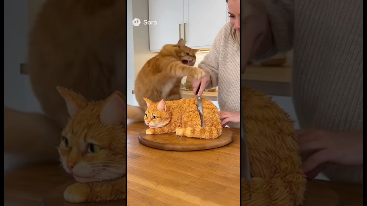 Real Cat Freaks Out When Cat Cake is Cut 🎂 