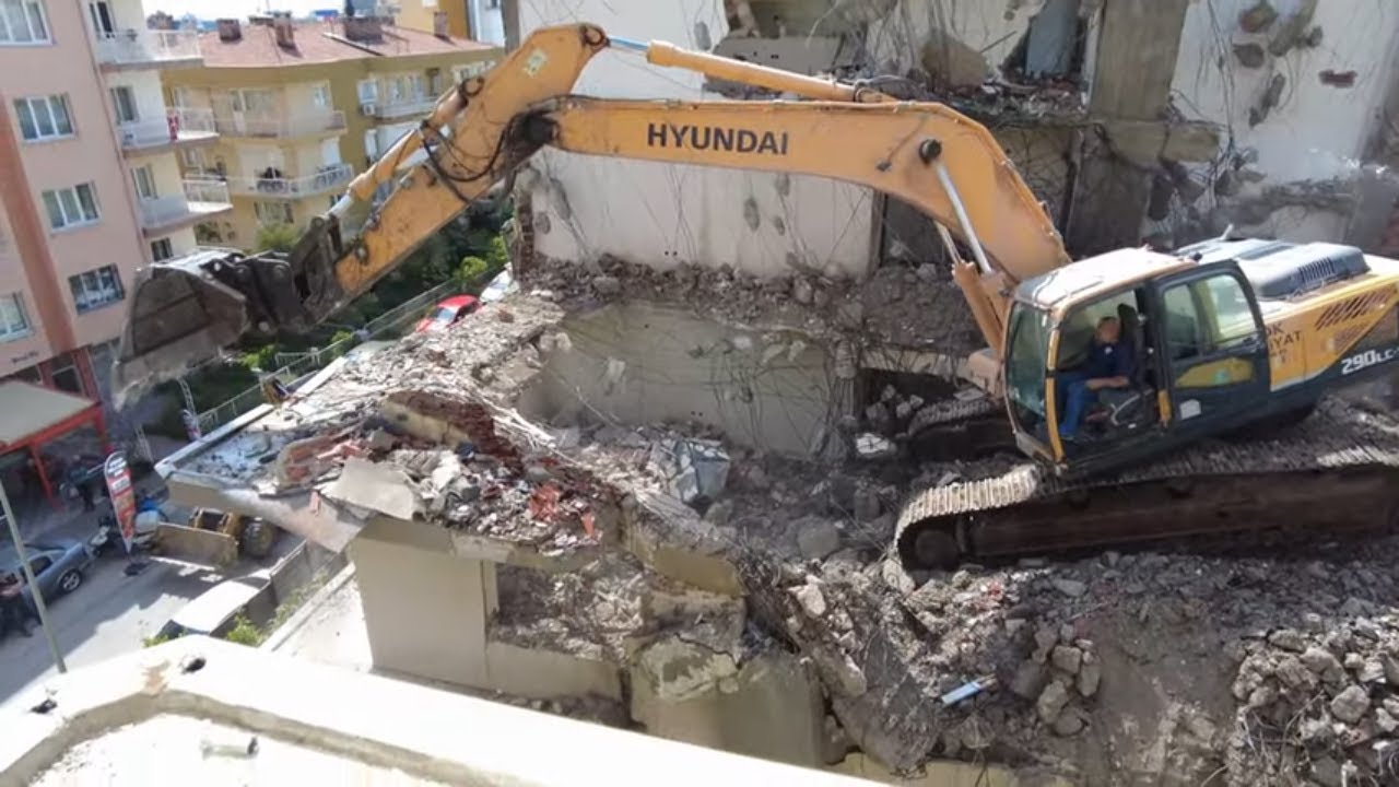 Excavator Breaking Down Buildings -Demolition Works! - Turkey - 4k